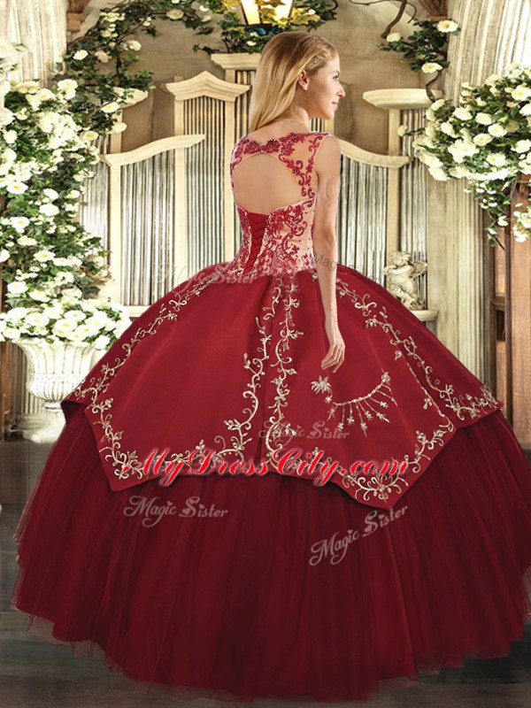 Custom Design Beading and Appliques and Embroidery Quinceanera Gown Wine Red Lace Up Cap Sleeves Floor Length