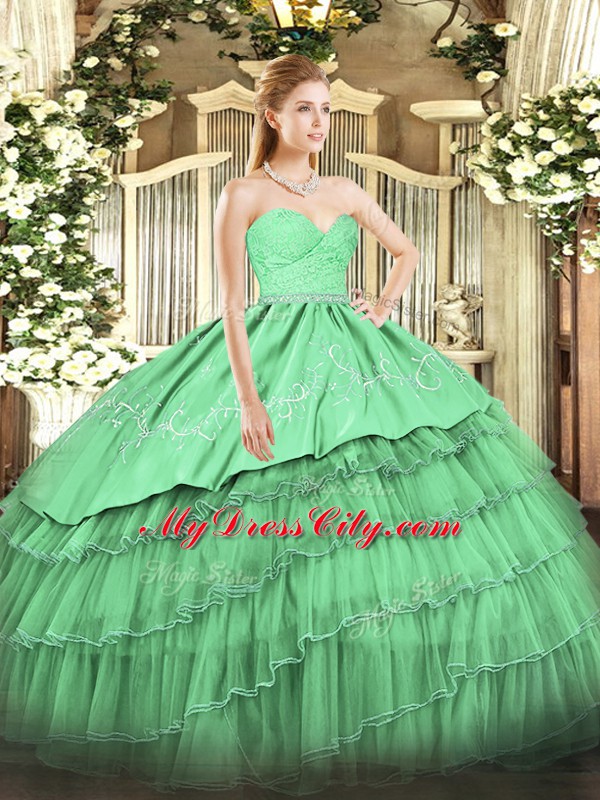 Custom Designed Green Vestidos de Quinceanera Military Ball and Sweet 16 and Quinceanera with Beading and Lace and Embroidery and Ruffled Layers Sweetheart Sleeveless Zipper