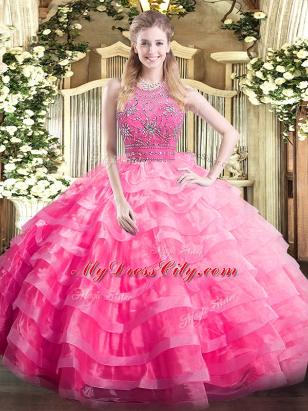 Glorious Rose Pink Sleeveless Organza Zipper 15 Quinceanera Dress for Military Ball and Sweet 16 and Quinceanera