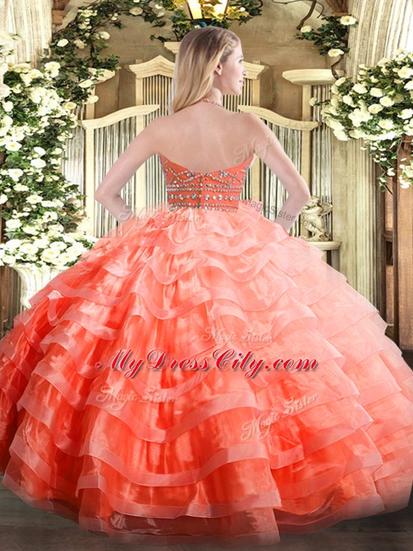 Glorious Rose Pink Sleeveless Organza Zipper 15 Quinceanera Dress for Military Ball and Sweet 16 and Quinceanera