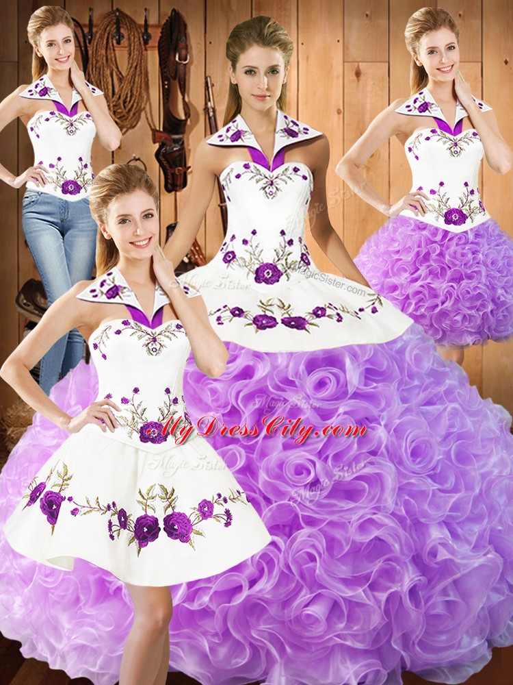 New Arrival Floor Length Lilac 15th Birthday Dress Fabric With Rolling Flowers Sleeveless Embroidery