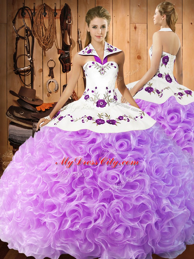 New Arrival Floor Length Lilac 15th Birthday Dress Fabric With Rolling Flowers Sleeveless Embroidery