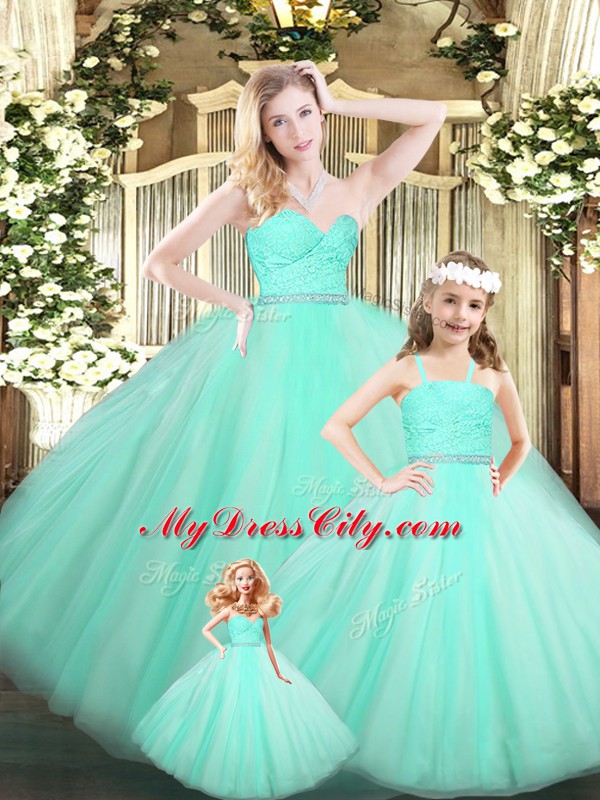 Charming Apple Green Sleeveless Organza Lace Up Quinceanera Gown for Military Ball and Sweet 16 and Quinceanera