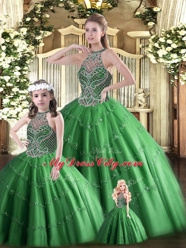 Captivating Ball Gowns 15th Birthday Dress Dark Green Halter Top Tulle Sleeveless Floor Length Lace Up