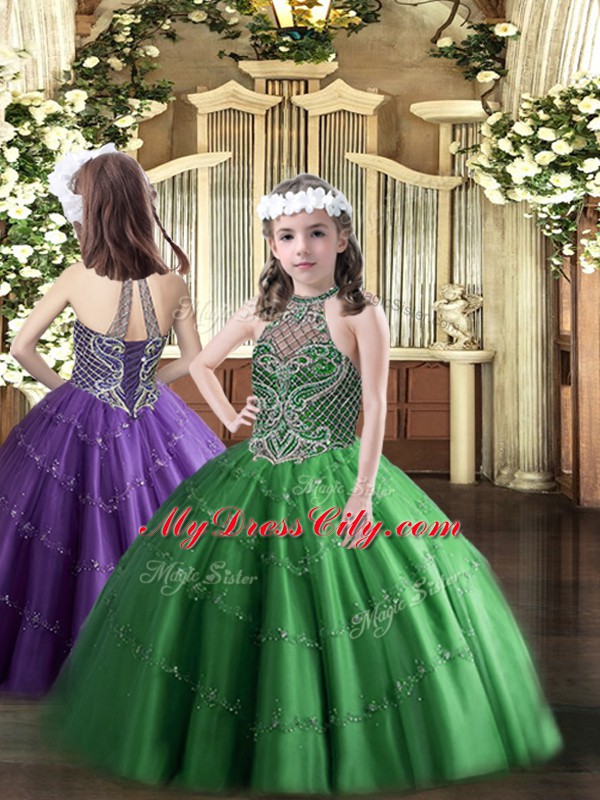 Captivating Ball Gowns 15th Birthday Dress Dark Green Halter Top Tulle Sleeveless Floor Length Lace Up