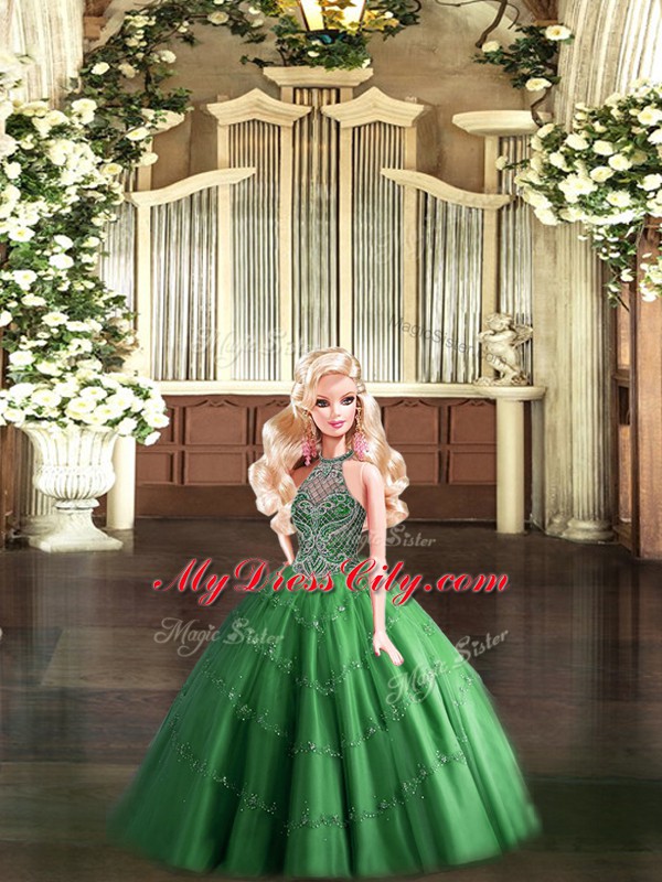 Captivating Ball Gowns 15th Birthday Dress Dark Green Halter Top Tulle Sleeveless Floor Length Lace Up