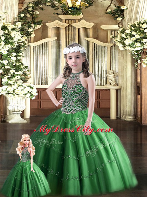 Captivating Ball Gowns 15th Birthday Dress Dark Green Halter Top Tulle Sleeveless Floor Length Lace Up