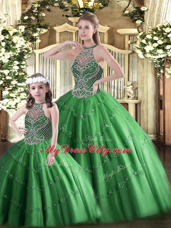 Captivating Ball Gowns 15th Birthday Dress Dark Green Halter Top Tulle Sleeveless Floor Length Lace Up