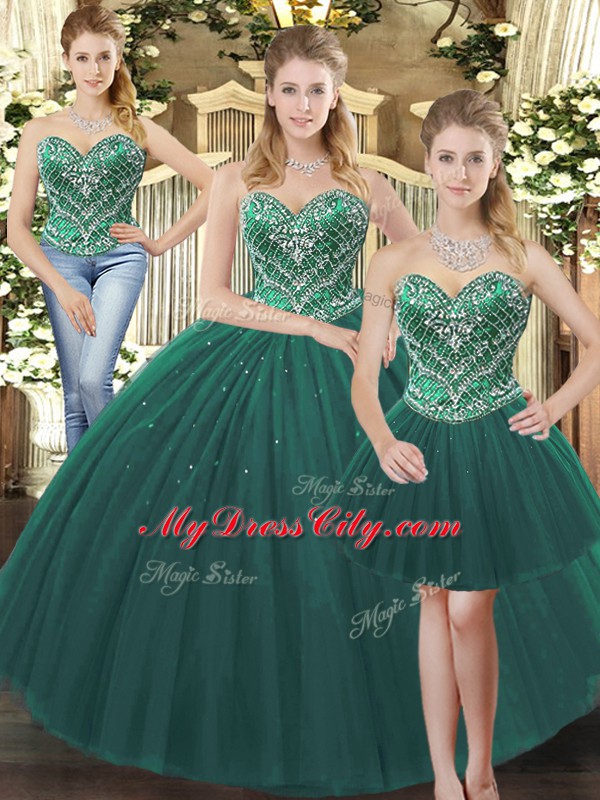 Designer Sweetheart Sleeveless Sweet 16 Dress Floor Length Beading Dark Green Tulle