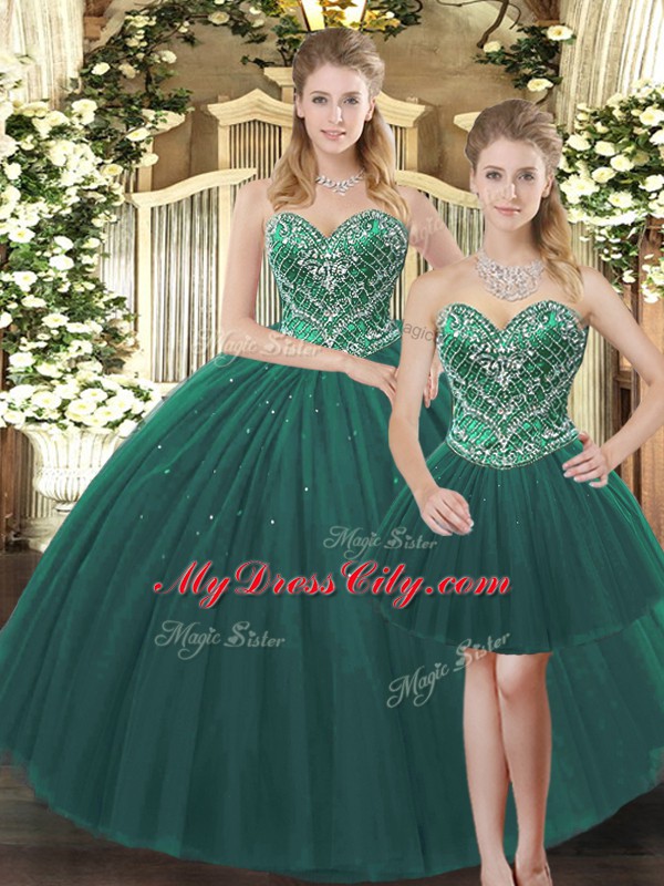 Designer Sweetheart Sleeveless Sweet 16 Dress Floor Length Beading Dark Green Tulle