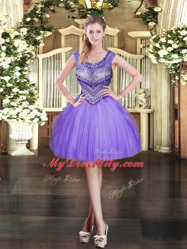 Exquisite Sleeveless Tulle Mini Length Zipper Prom Evening Gown in Lavender with Beading and Ruffles