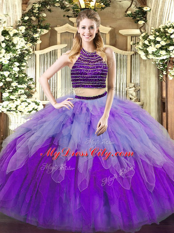 Wonderful Multi-color Two Pieces Beading and Ruffles Quinceanera Gowns Lace Up Tulle Sleeveless Floor Length