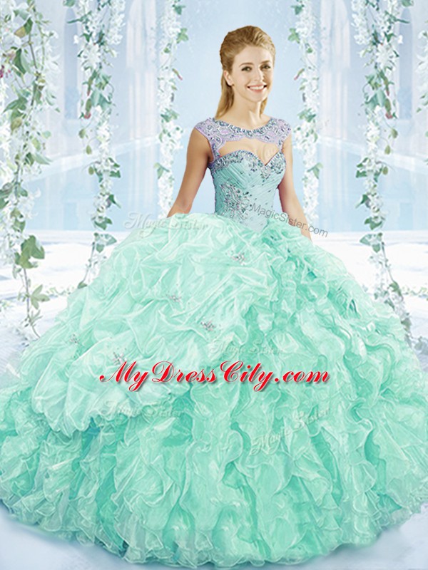 Apple Green Sleeveless Beading and Ruffles Lace Up Quinceanera Dresses