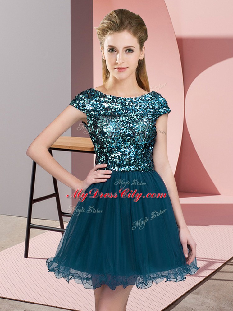 Teal Cap Sleeves Tulle Zipper Bridesmaid Dresses for Prom and Party and Wedding Party