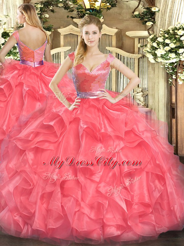 Clearance Coral Red V-neck Neckline Beading and Ruffles Quince Ball Gowns Sleeveless Zipper