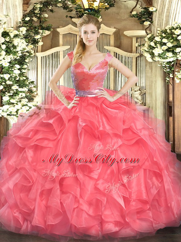 Clearance Coral Red V-neck Neckline Beading and Ruffles Quince Ball Gowns Sleeveless Zipper