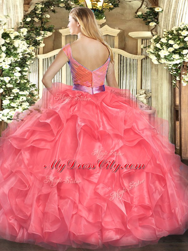 Clearance Coral Red V-neck Neckline Beading and Ruffles Quince Ball Gowns Sleeveless Zipper