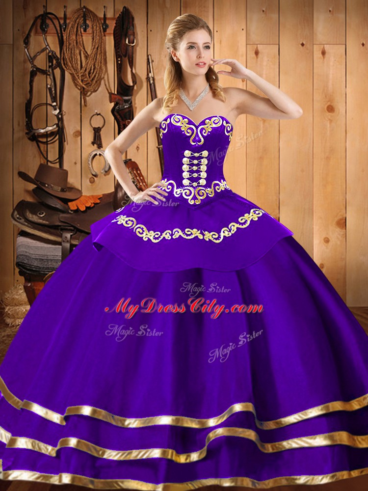 Custom Design Purple Sweetheart Lace Up Embroidery 15th Birthday Dress Sleeveless