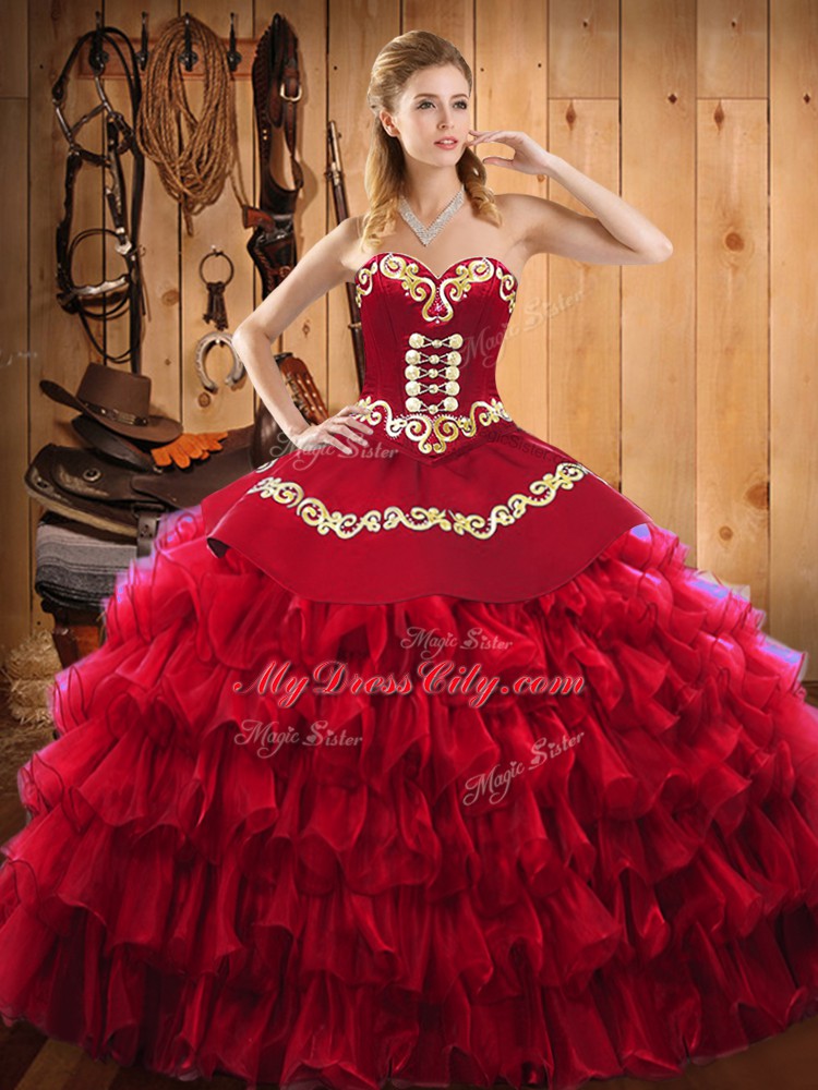 Embroidery and Ruffled Layers Sweet 16 Dresses Wine Red Lace Up Sleeveless Floor Length