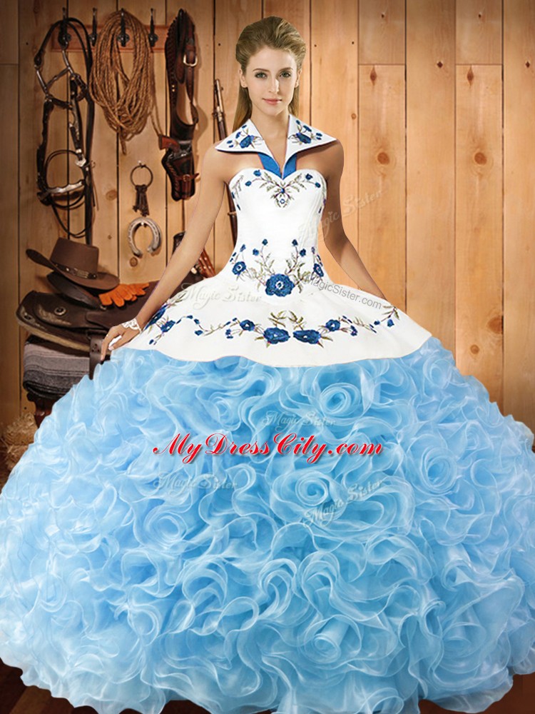 Ball Gowns Sweet 16 Quinceanera Dress Baby Blue Halter Top Fabric With Rolling Flowers Sleeveless Floor Length Lace Up