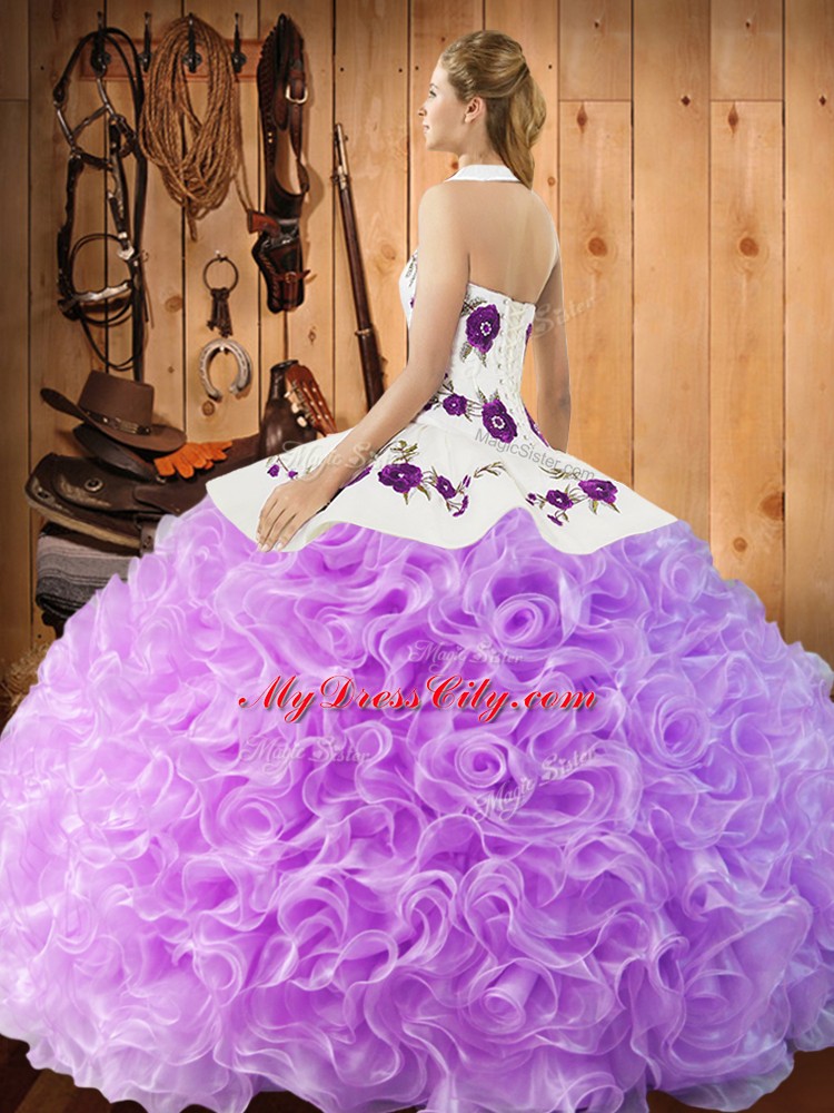 Ball Gowns Sweet 16 Quinceanera Dress Baby Blue Halter Top Fabric With Rolling Flowers Sleeveless Floor Length Lace Up