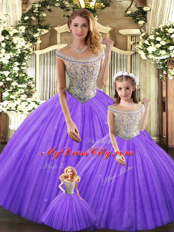 Inexpensive Sleeveless Floor Length Beading Lace Up 15 Quinceanera Dress with Eggplant Purple