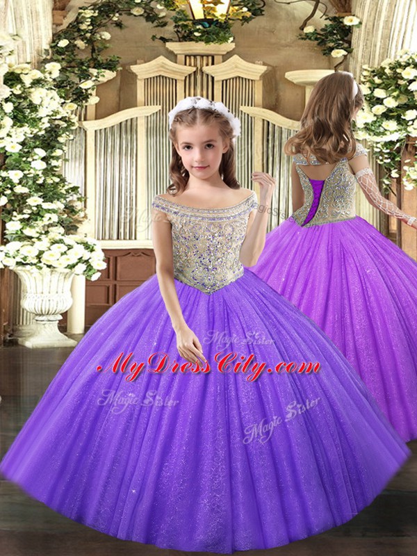 Inexpensive Sleeveless Floor Length Beading Lace Up 15 Quinceanera Dress with Eggplant Purple