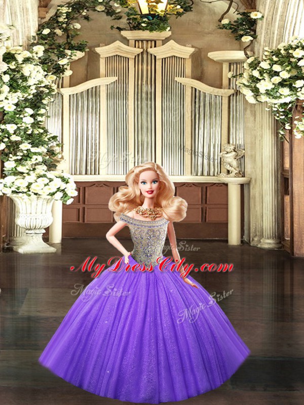 Inexpensive Sleeveless Floor Length Beading Lace Up 15 Quinceanera Dress with Eggplant Purple