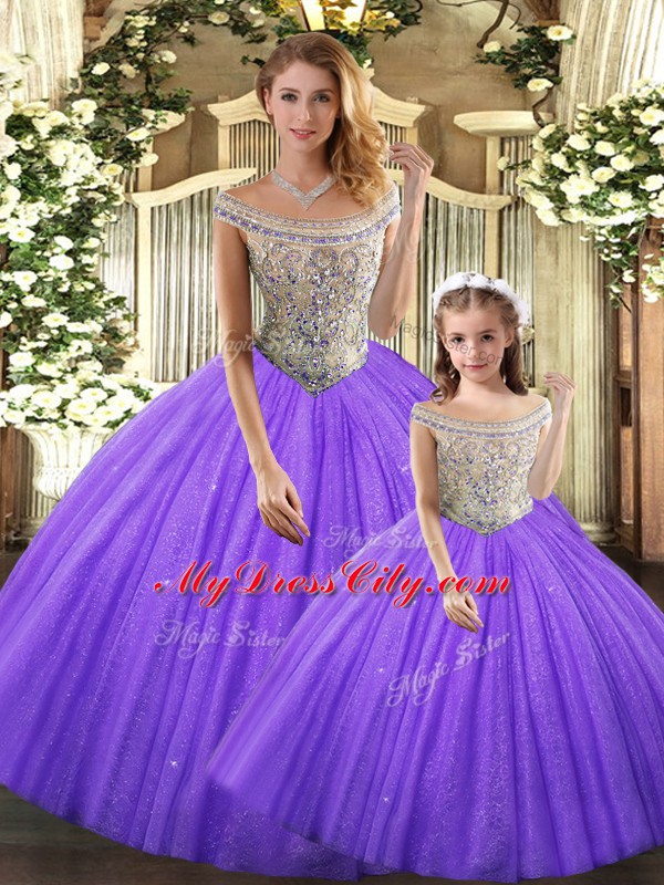 Inexpensive Sleeveless Floor Length Beading Lace Up 15 Quinceanera Dress with Eggplant Purple