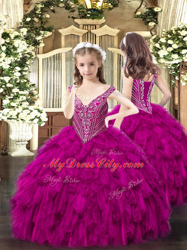 Hot Selling Fuchsia Ball Gowns V-neck Sleeveless Organza Floor Length Lace Up Beading and Ruffles Little Girls Pageant Gowns