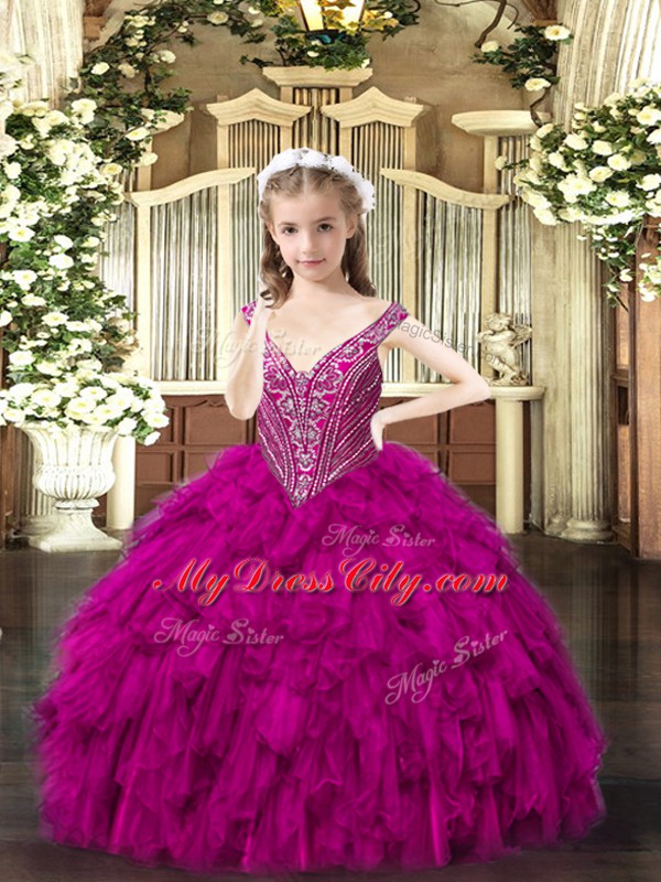 Hot Selling Fuchsia Ball Gowns V-neck Sleeveless Organza Floor Length Lace Up Beading and Ruffles Little Girls Pageant Gowns