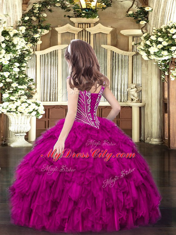 Hot Selling Fuchsia Ball Gowns V-neck Sleeveless Organza Floor Length Lace Up Beading and Ruffles Little Girls Pageant Gowns