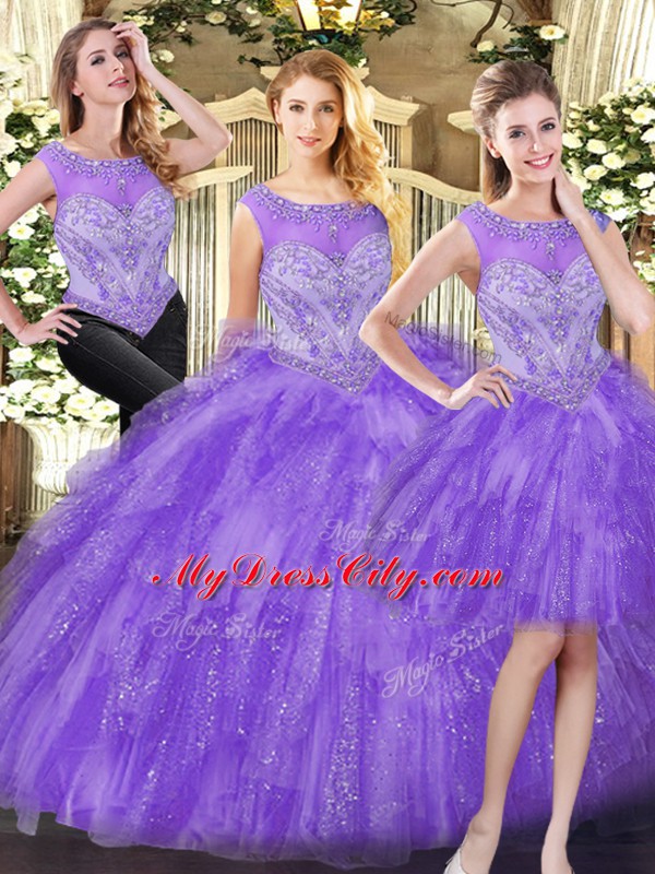 High Class Floor Length Three Pieces Sleeveless Eggplant Purple 15th Birthday Dress Lace Up