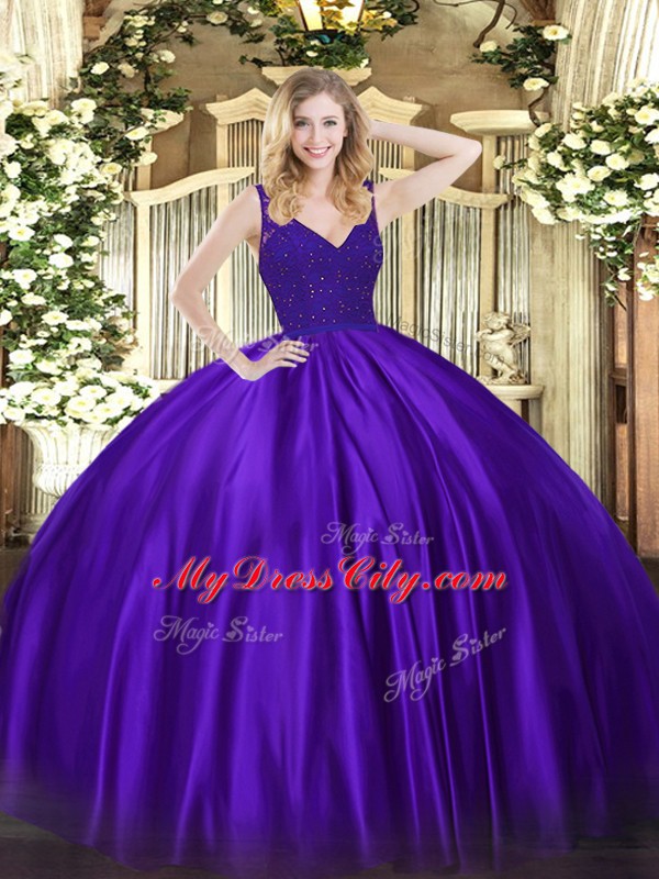 Purple Taffeta Zipper Quinceanera Gowns Sleeveless Floor Length Beading