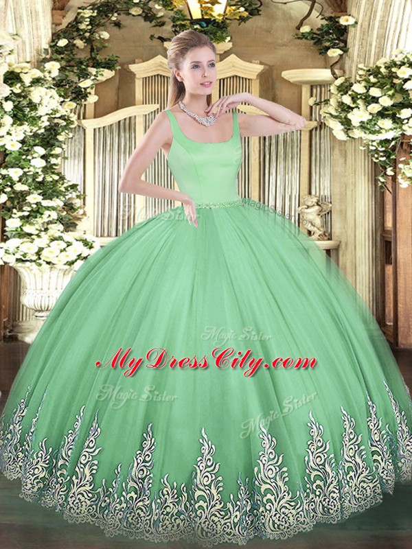 Apple Green Quinceanera Gown Military Ball and Sweet 16 and Quinceanera with Appliques Straps Sleeveless Zipper