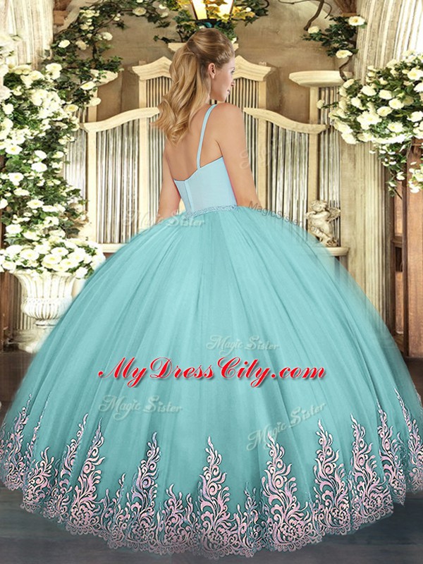 Apple Green Quinceanera Gown Military Ball and Sweet 16 and Quinceanera with Appliques Straps Sleeveless Zipper