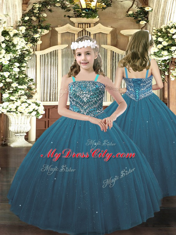 Elegant Teal Tulle Lace Up Pageant Dress for Teens Sleeveless Floor Length Beading