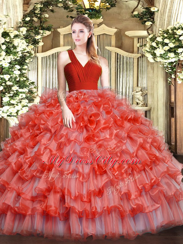 Ideal Coral Red Zipper V-neck Ruffled Layers Quinceanera Gown Organza Sleeveless