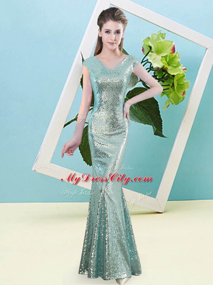 Teal Mermaid Sequined V-neck Cap Sleeves Sequins Floor Length Zipper Prom Party Dress