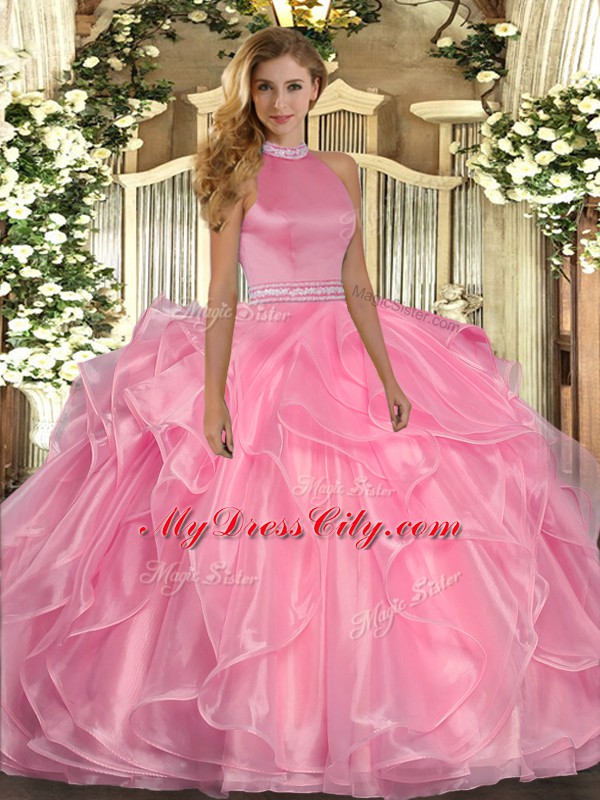 Modest Halter Top Sleeveless Organza Quinceanera Gowns Beading and Ruffles Backless