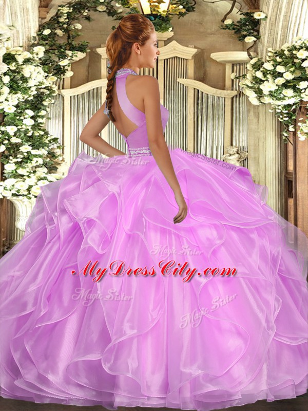 Modest Halter Top Sleeveless Organza Quinceanera Gowns Beading and Ruffles Backless