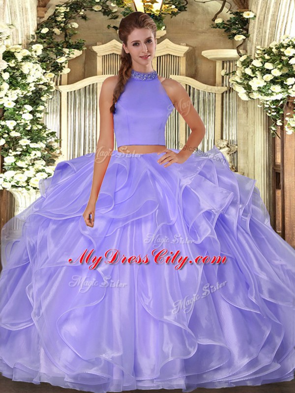 Gorgeous Floor Length Lavender Quince Ball Gowns Organza Sleeveless Beading and Ruffles