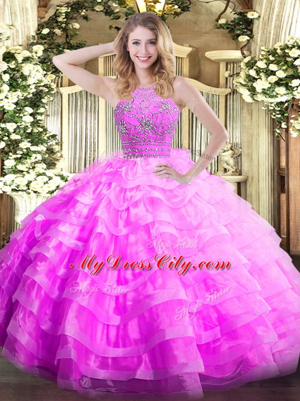 Lilac Sweet 16 Quinceanera Dress Military Ball and Sweet 16 and Quinceanera with Ruffled Layers Halter Top Sleeveless Zipper