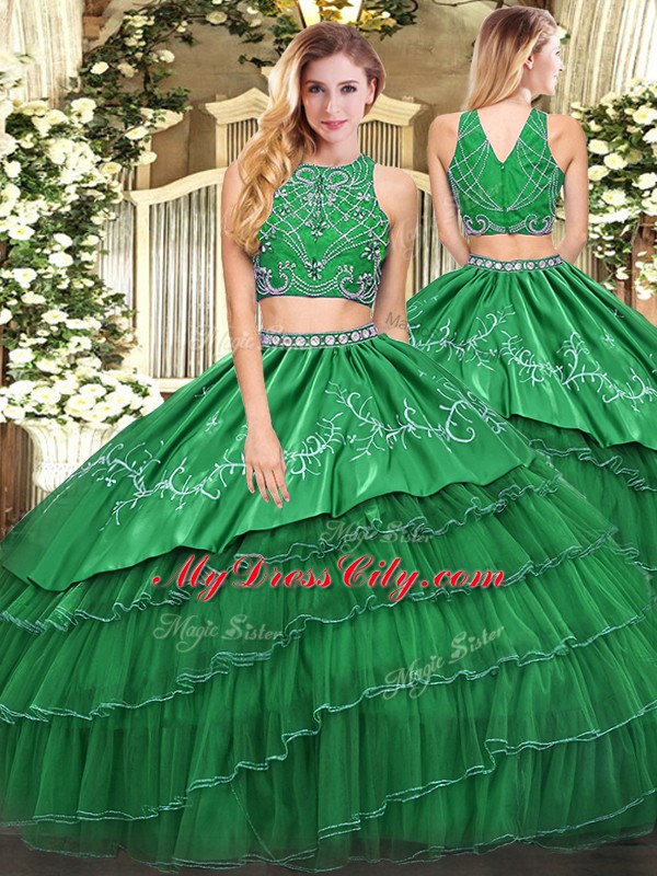 High-neck Sleeveless Quinceanera Dresses Floor Length Beading and Embroidery and Ruffled Layers Green Tulle