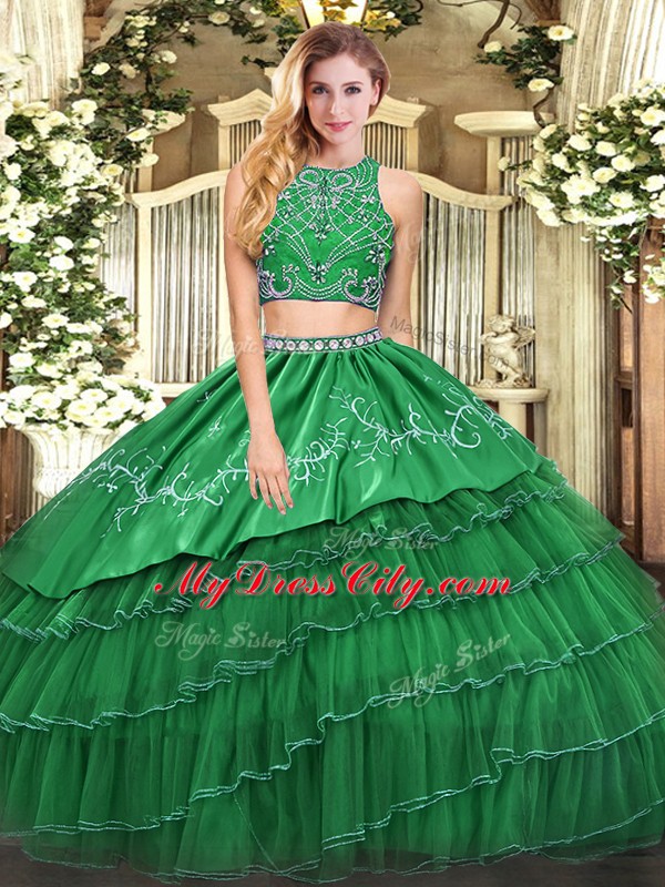 High-neck Sleeveless Quinceanera Dresses Floor Length Beading and Embroidery and Ruffled Layers Green Tulle