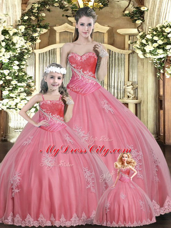 Inexpensive Watermelon Red Tulle Lace Up Quinceanera Gown Sleeveless Floor Length Beading