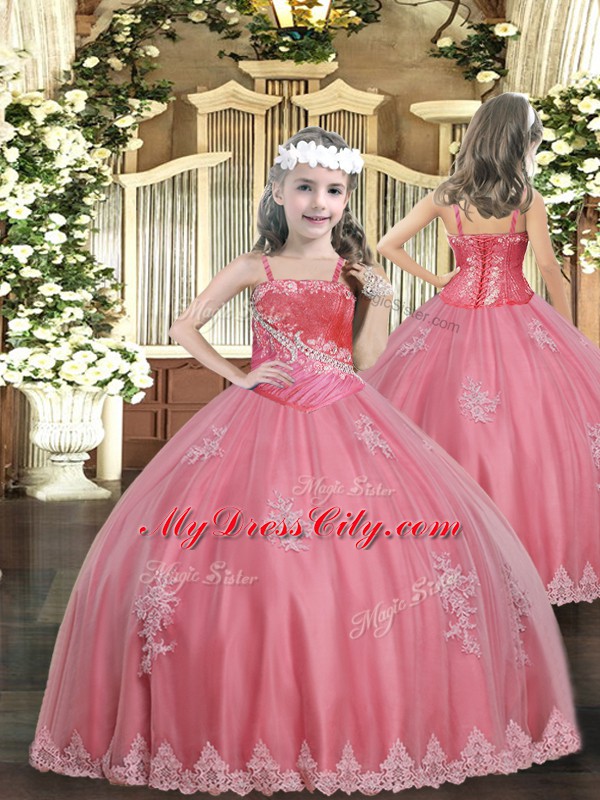 Inexpensive Watermelon Red Tulle Lace Up Quinceanera Gown Sleeveless Floor Length Beading