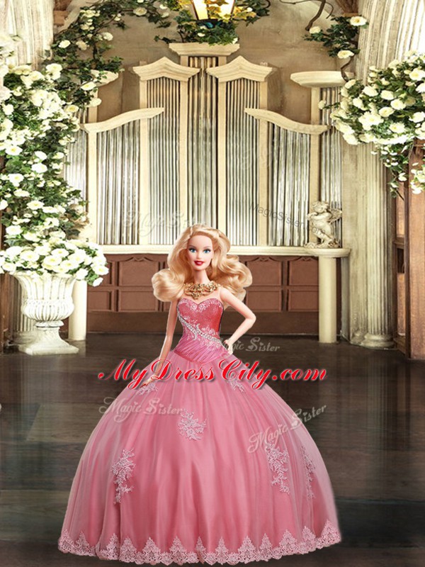 Inexpensive Watermelon Red Tulle Lace Up Quinceanera Gown Sleeveless Floor Length Beading