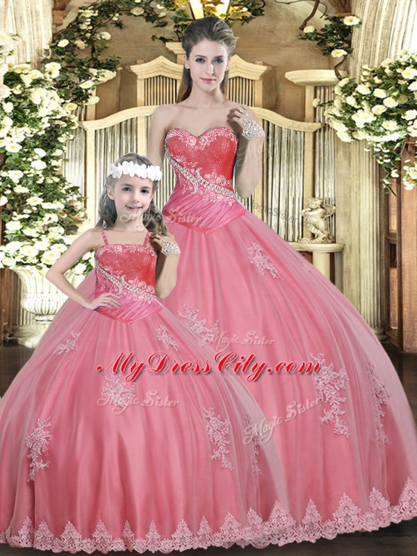 Inexpensive Watermelon Red Tulle Lace Up Quinceanera Gown Sleeveless Floor Length Beading