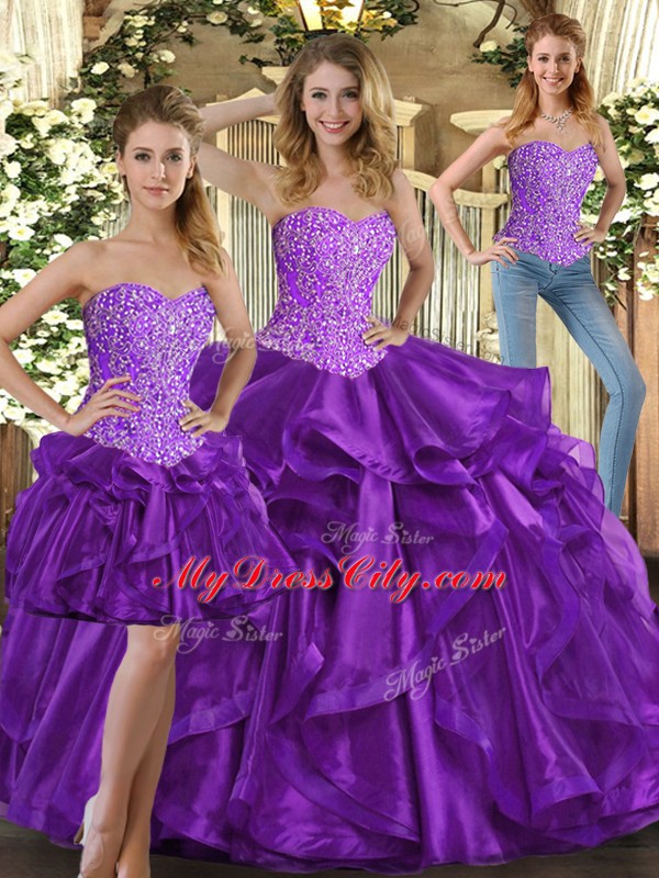 Exquisite Eggplant Purple Sleeveless Tulle Lace Up Sweet 16 Dresses for Military Ball and Sweet 16 and Quinceanera